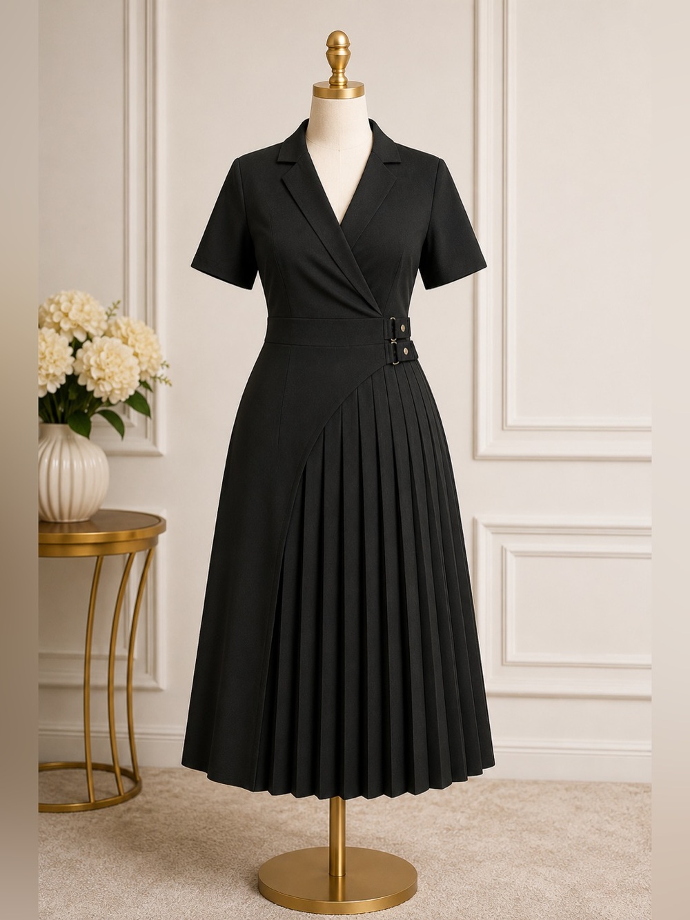 Women's Black Pleated  Midi Dress